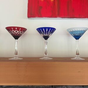 Two Birks Cut Crystal Martini Glasses, Lt.Blue + Royal in excellent conditi…